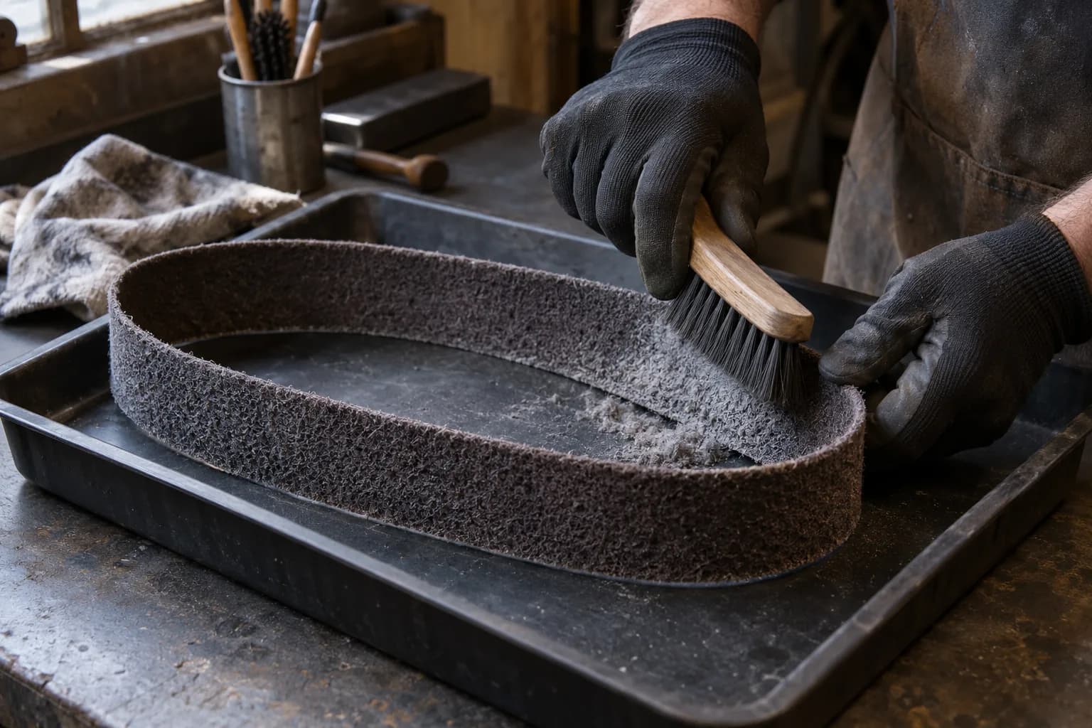 Gloved hands brush gray buildup from a removed nonwoven belt lying as an oval in a dark bench tray.