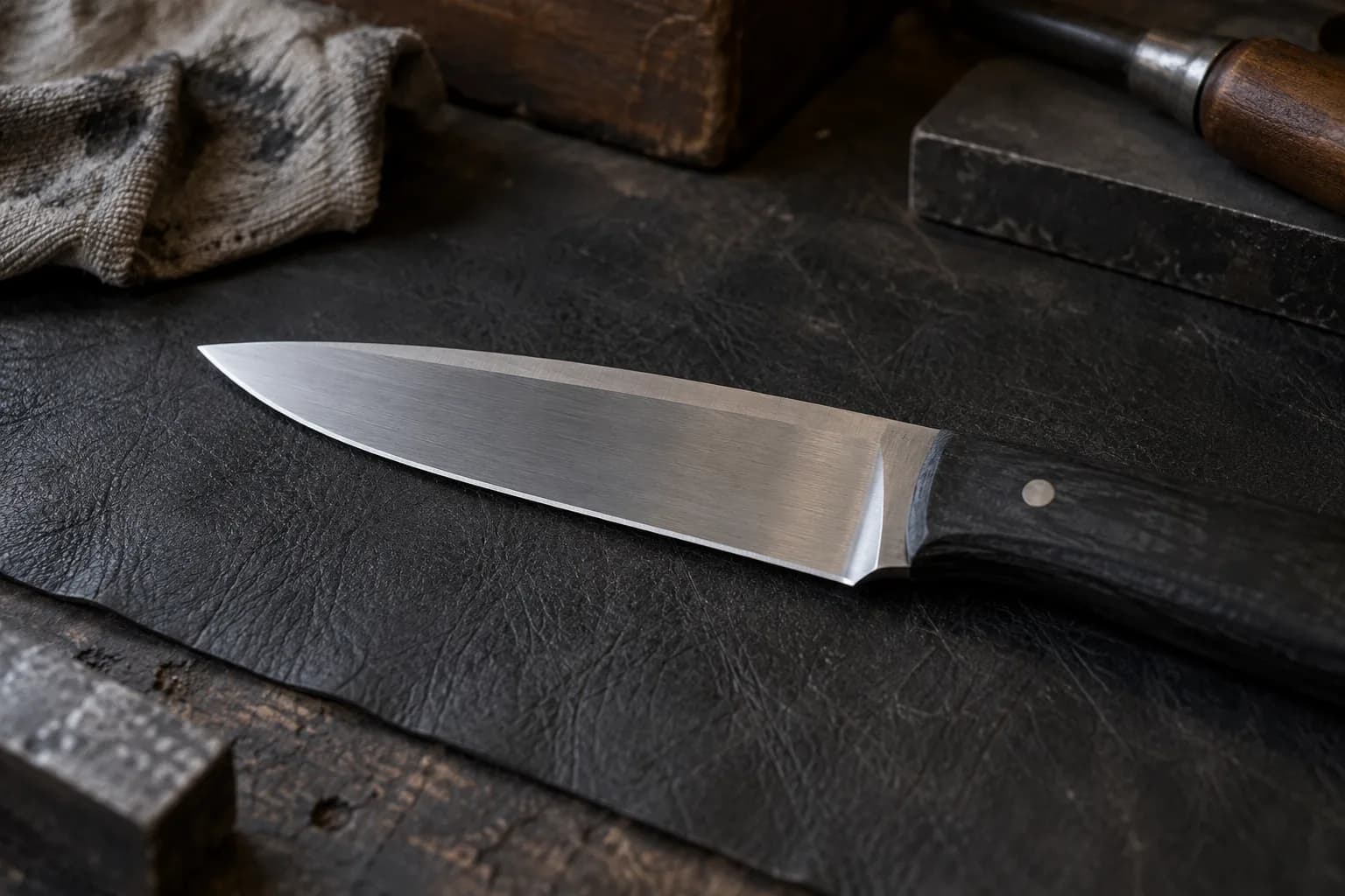 Plain knife with an even satin finish and clean plunge line lying on a dark leather pad beside a rag and steel blocks.