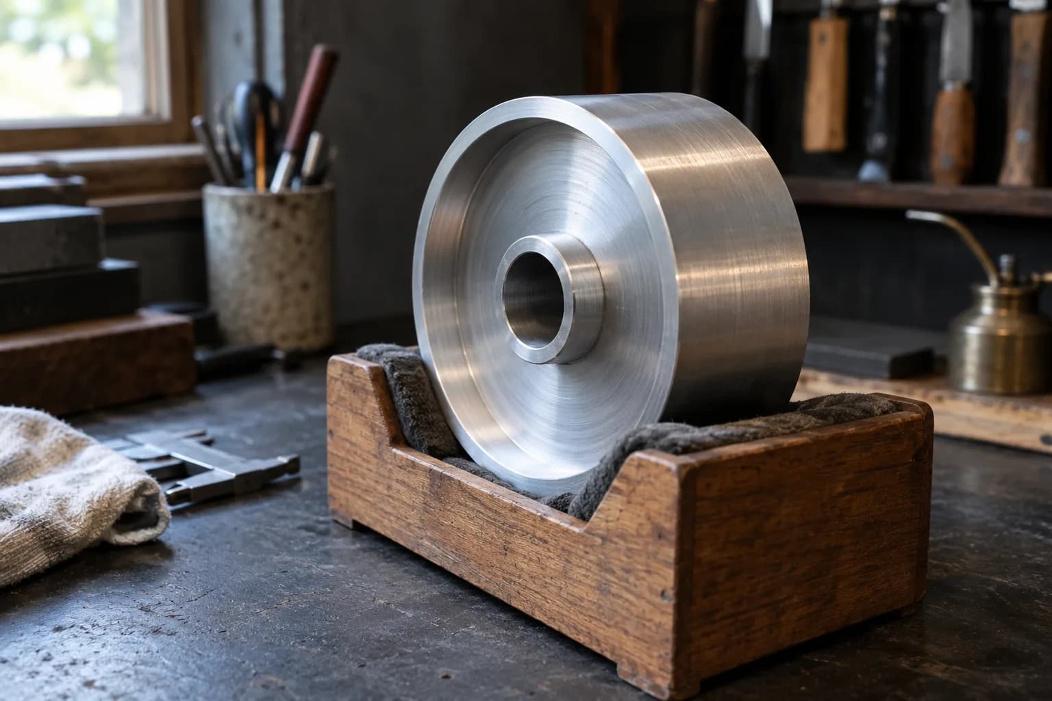 Plain turned aluminum drive wheel with a hub bore resting upright in a padded wooden cradle on a dark bench.