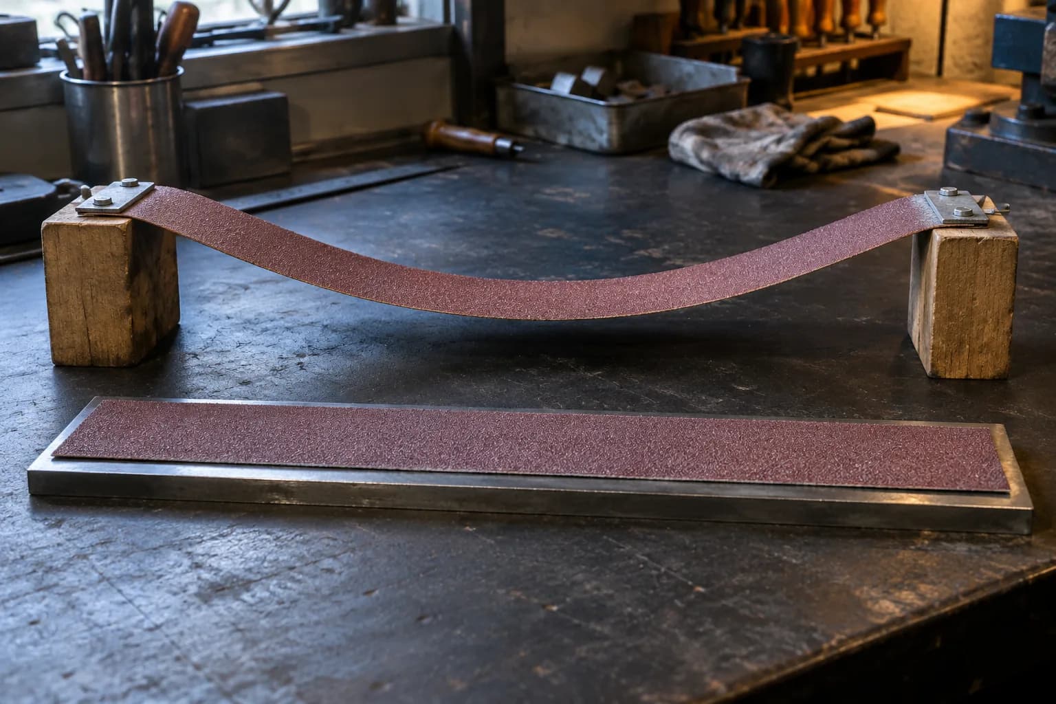 Abrasive strip lying flat on a steel plate in front of a second strip clamped between two wood blocks, sagging in the middle.