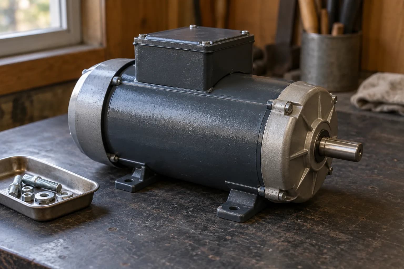Gray electric motor on cast mounting feet lying lengthwise on a dark bench beside a small tray of bolts and washers.