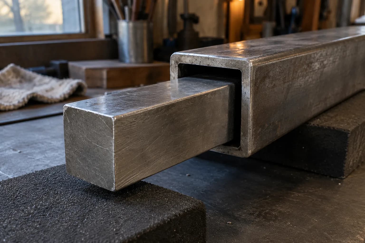Solid square steel bar partly slid into a larger square steel tube, both resting on dark padded blocks on a bench.