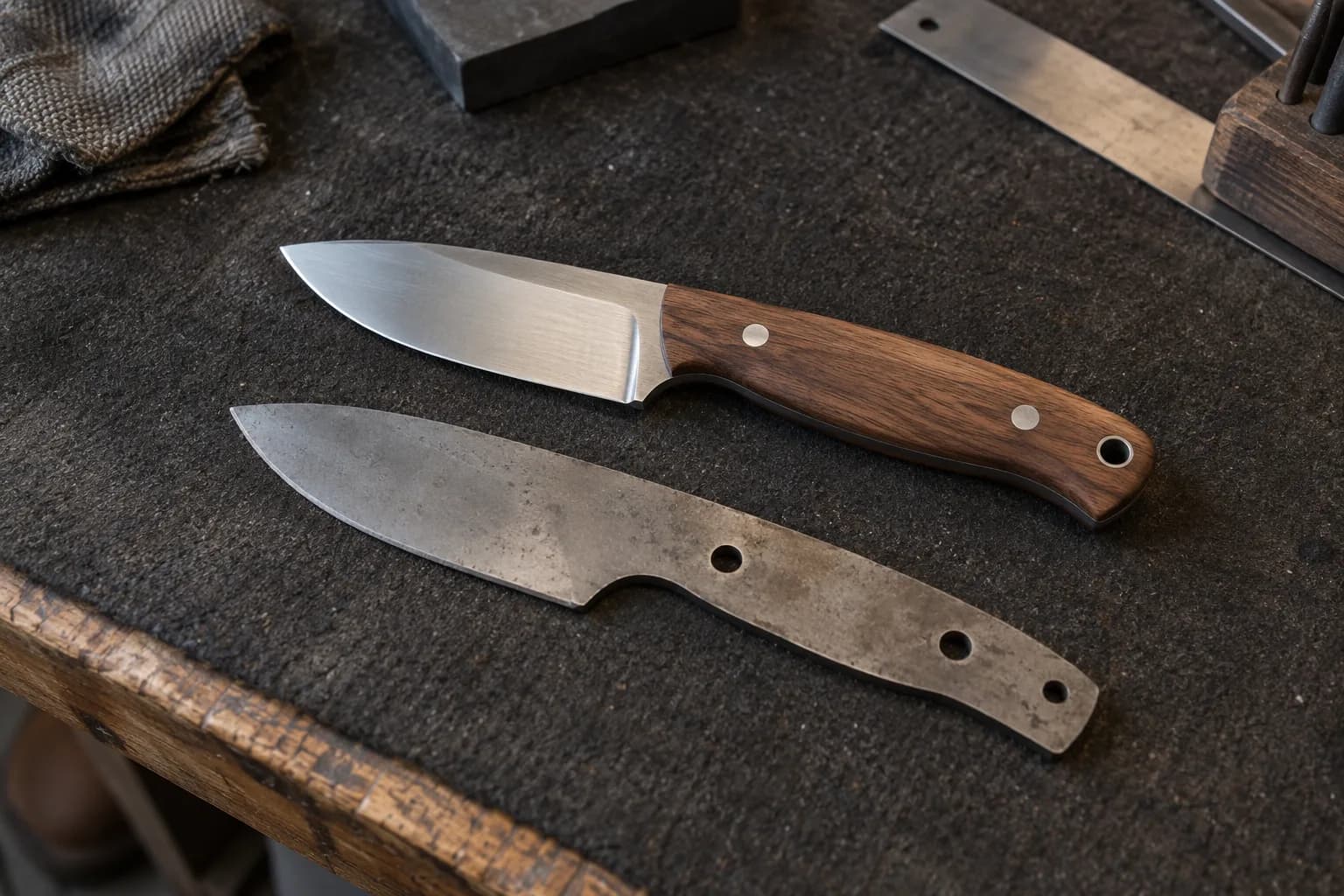 Unfinished blade blank with pin holes lying beside a finished walnut-handled drop-point knife on a dark padded bench.
