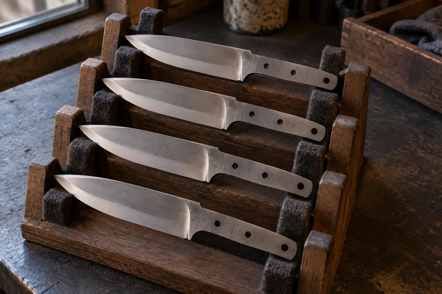 Four identical unhandled knife blanks with matching bevels resting in a stepped wooden rack with felt pads.