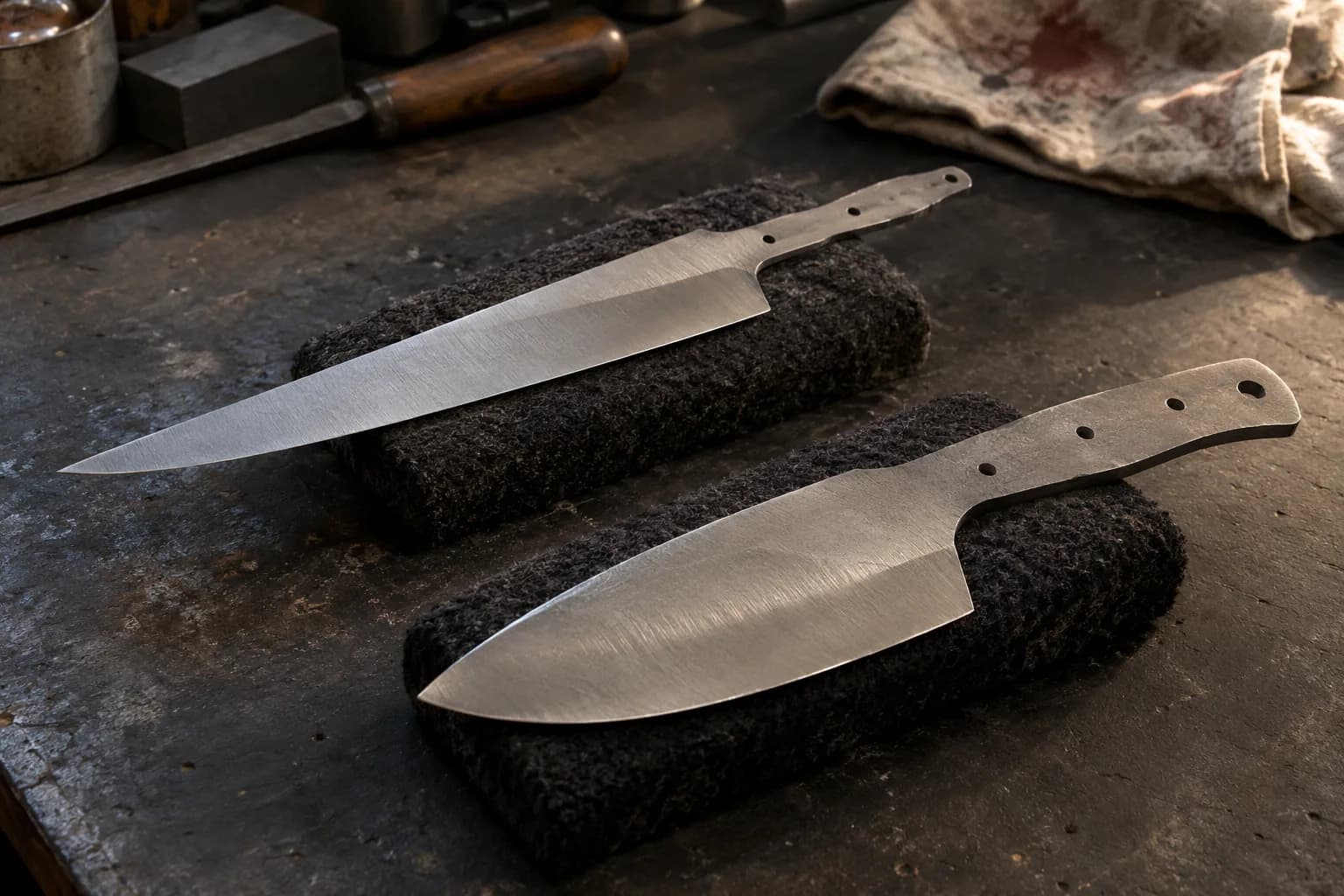 Thin kitchen blade and stout camp blade lying on separate dark felt pads, showing flat and convex grinds on a worn bench.