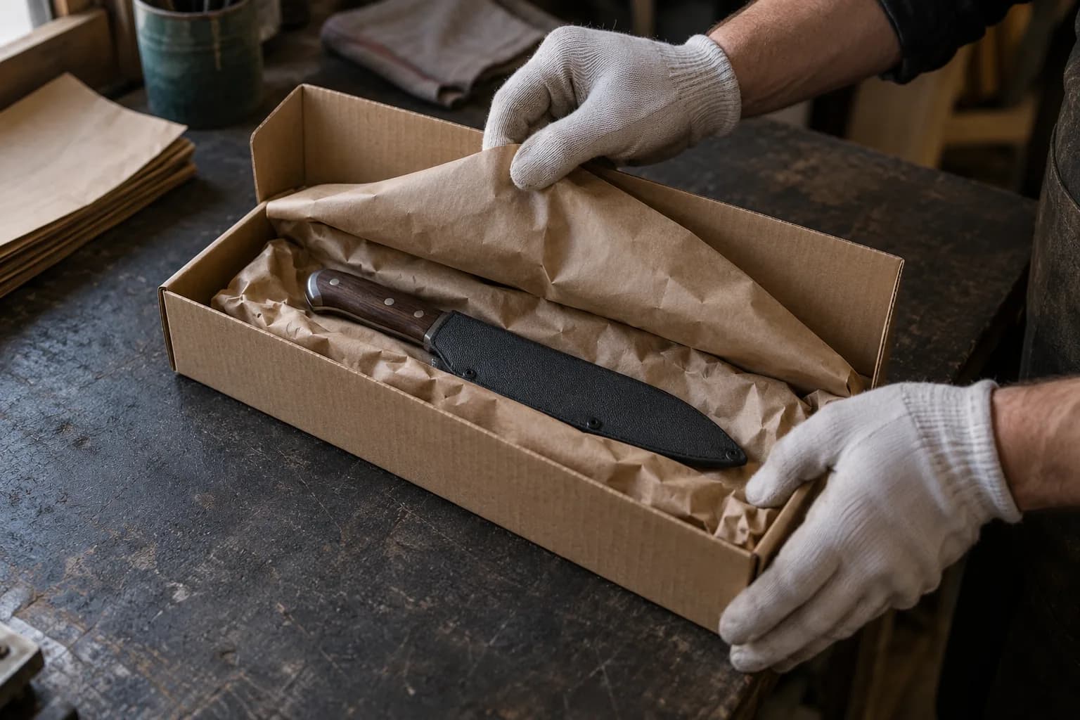 Gloved hands fold kraft paper over a sheathed knife lying in a plain cardboard box on a dark workbench.