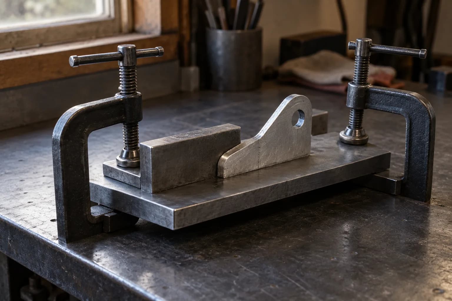 Steel bracket with a round hole butted against a steel block on a flat jig plate, held to a dark bench by two screw clamps.