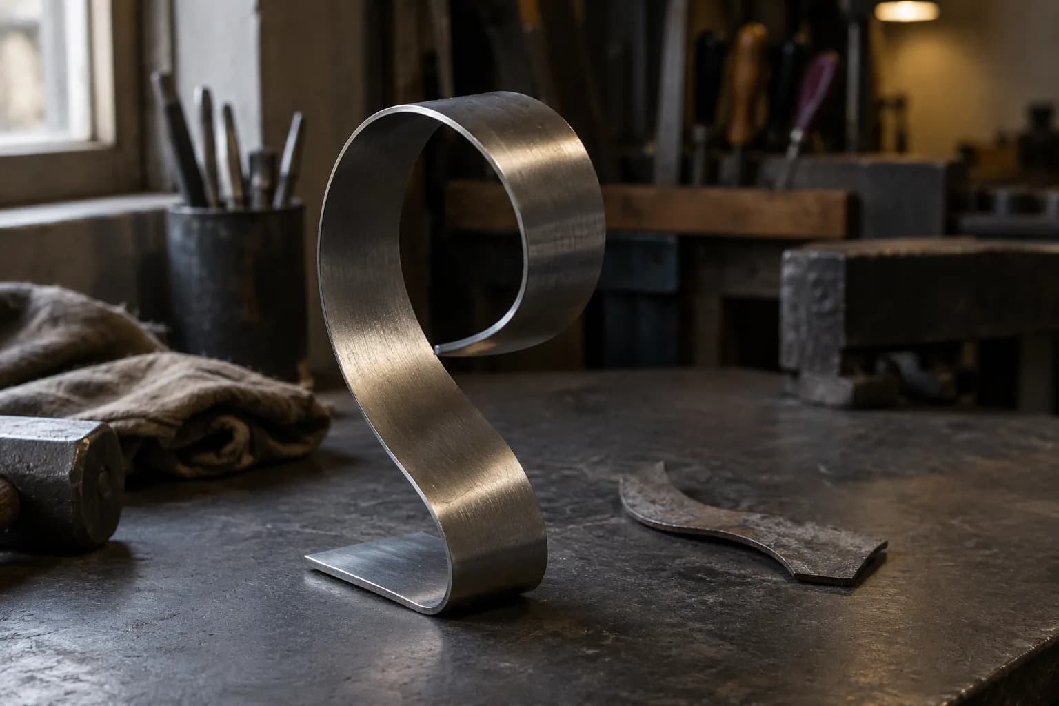 Curled satin-finished steel strip standing on a flat foot on a dark bench, with a rough curved offcut lying beside it.