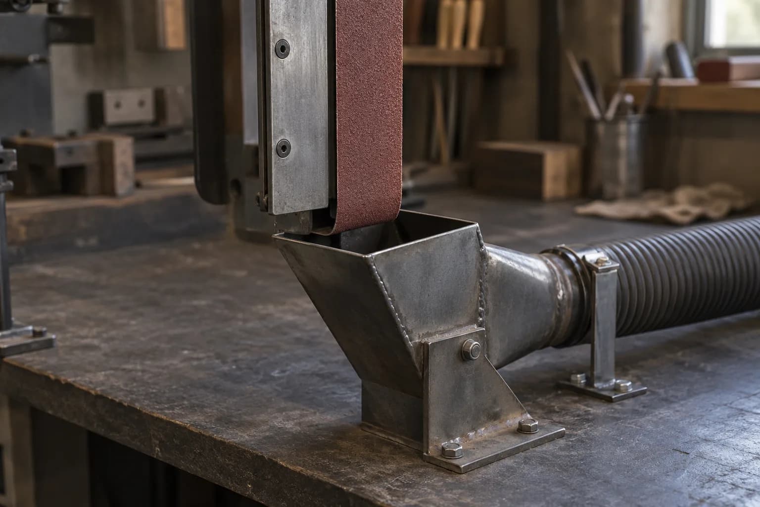 Welded steel dust hood bolted to a workbench directly below the downward run of an abrasive belt, with ribbed duct attached