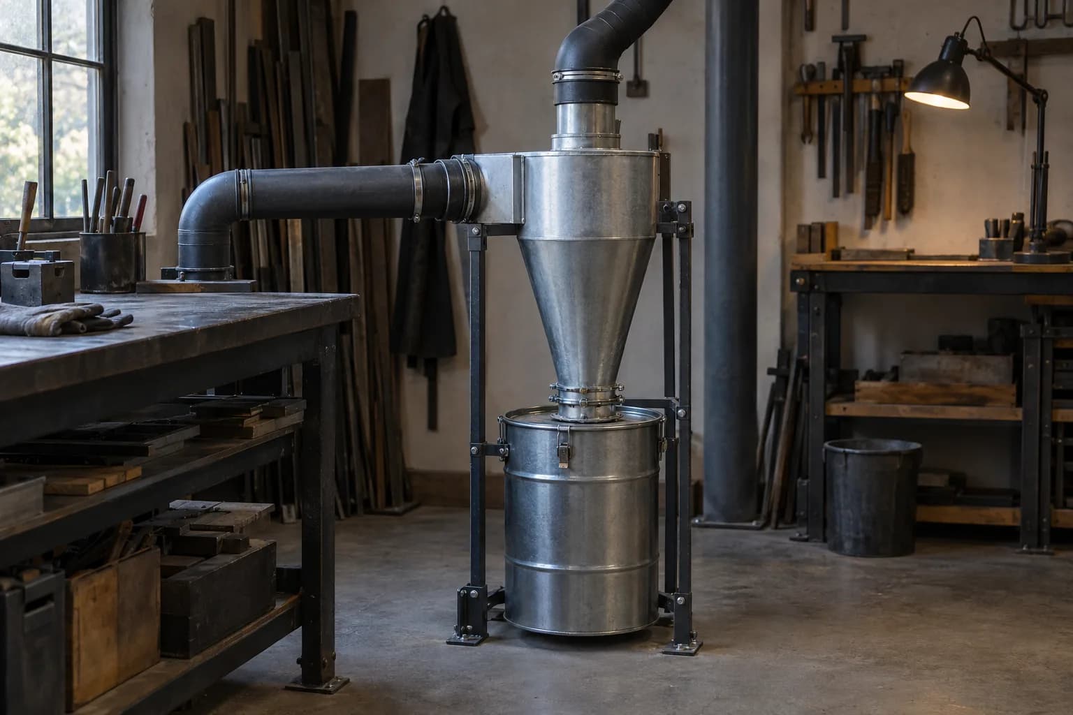 Galvanized cyclone separator in a steel frame above a sealed lidded metal drum, with black ducts in a small metal shop