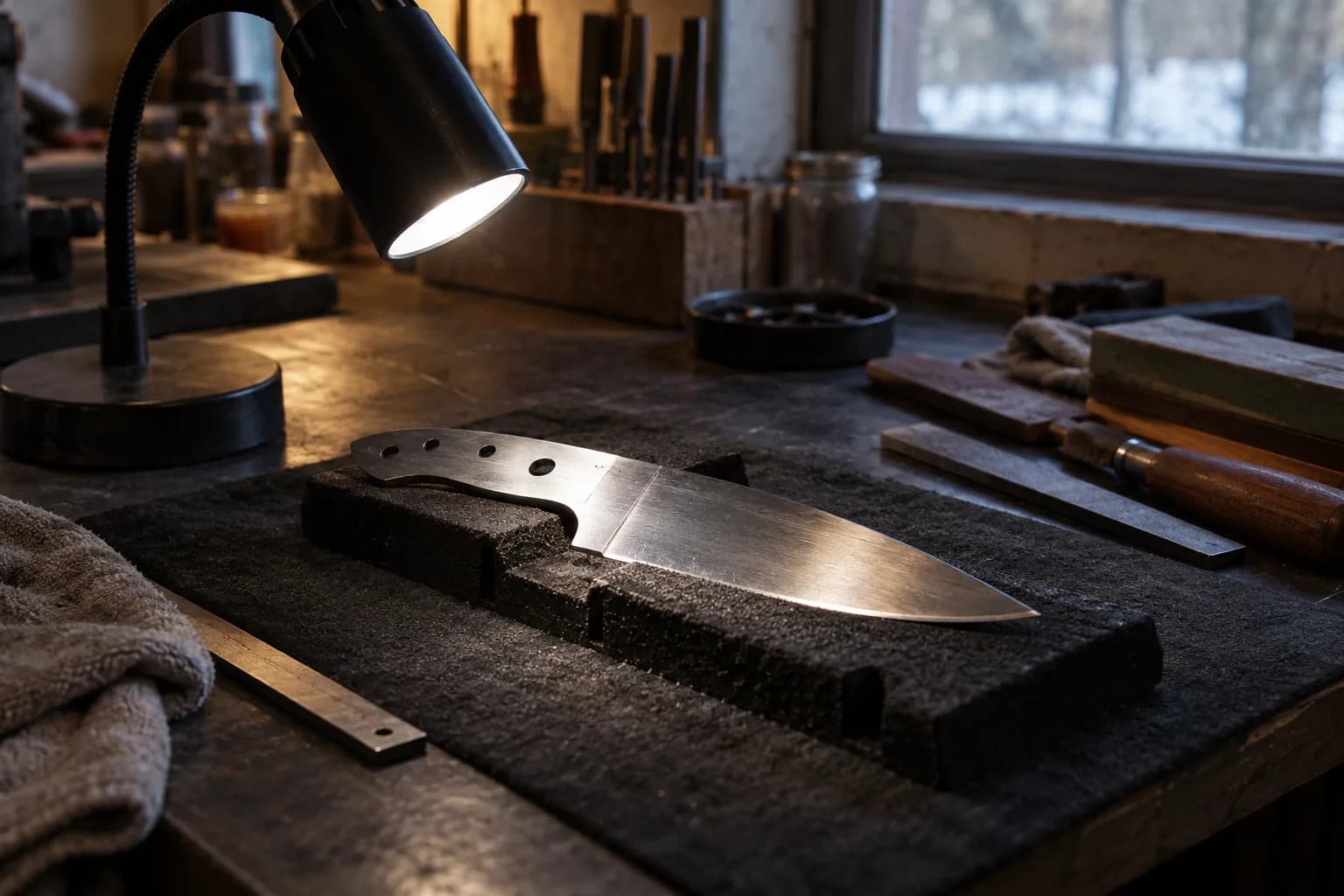 Gooseneck task lamp lit beside a satin knife blank resting on a dark foam fixture, with the plunge line and scratches visible.