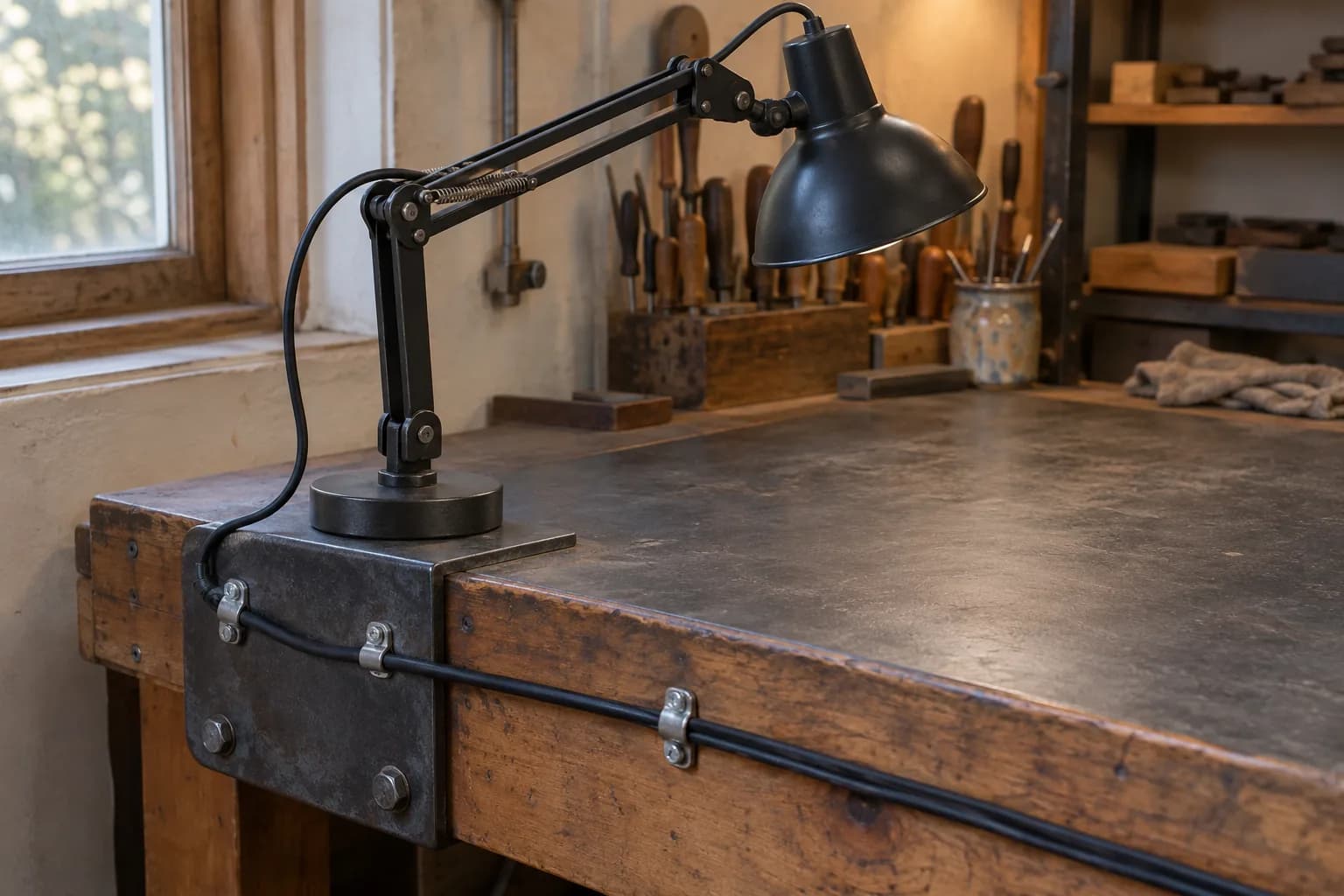 Spring-arm task lamp with its round base on a steel bracket at a bench corner, black cable held along the edge by metal clips.