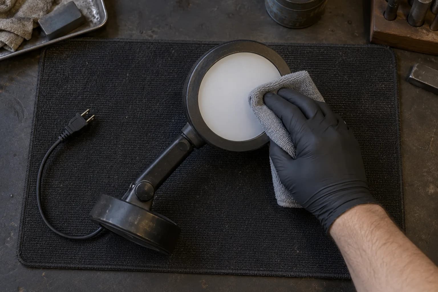 Gloved hand wiping the white lens cover of an unplugged black task lamp with a grey cloth on a dark mat.