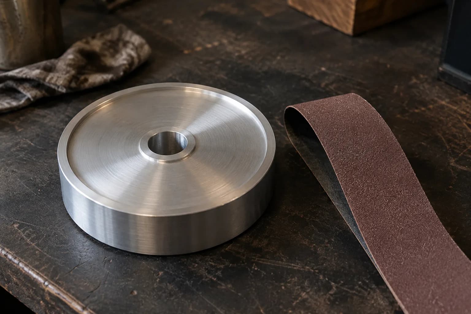 Turned aluminum drive wheel with a hub bore lying flat on a dark bench beside a strip of brown abrasive belt