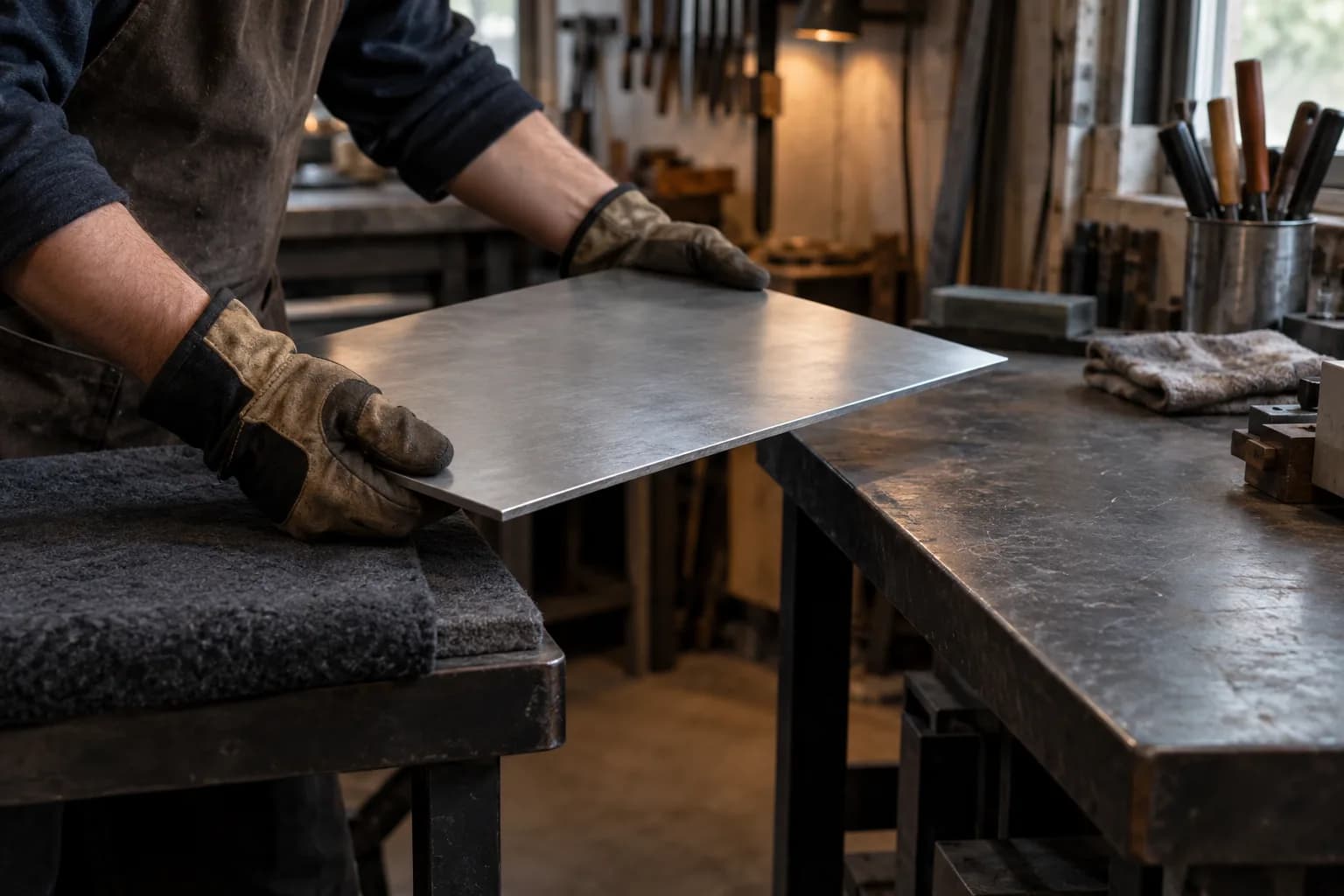 Gloved hands lift a thin aluminum plate off a felt-padded bench toward a second workbench in a small shop