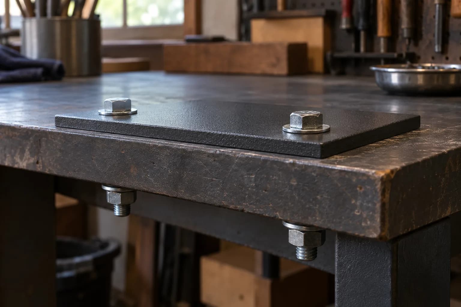 Flat black powder-coated steel plate bolted through a thick shop bench, with nuts and threaded ends visible below