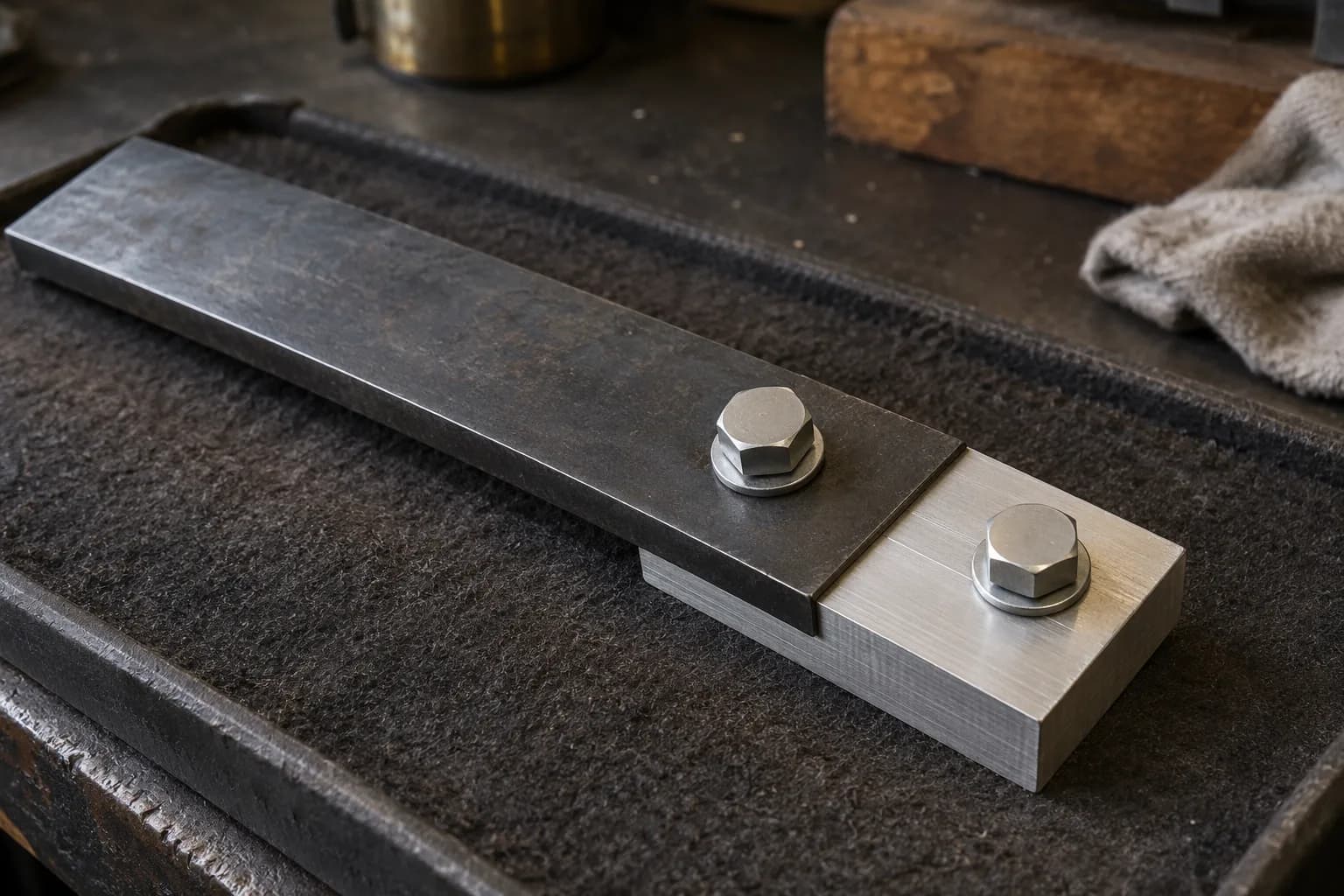 Dark steel strip lapped over a bright aluminum block, held with two hex bolts and washers, resting on a felt-lined shop tray.