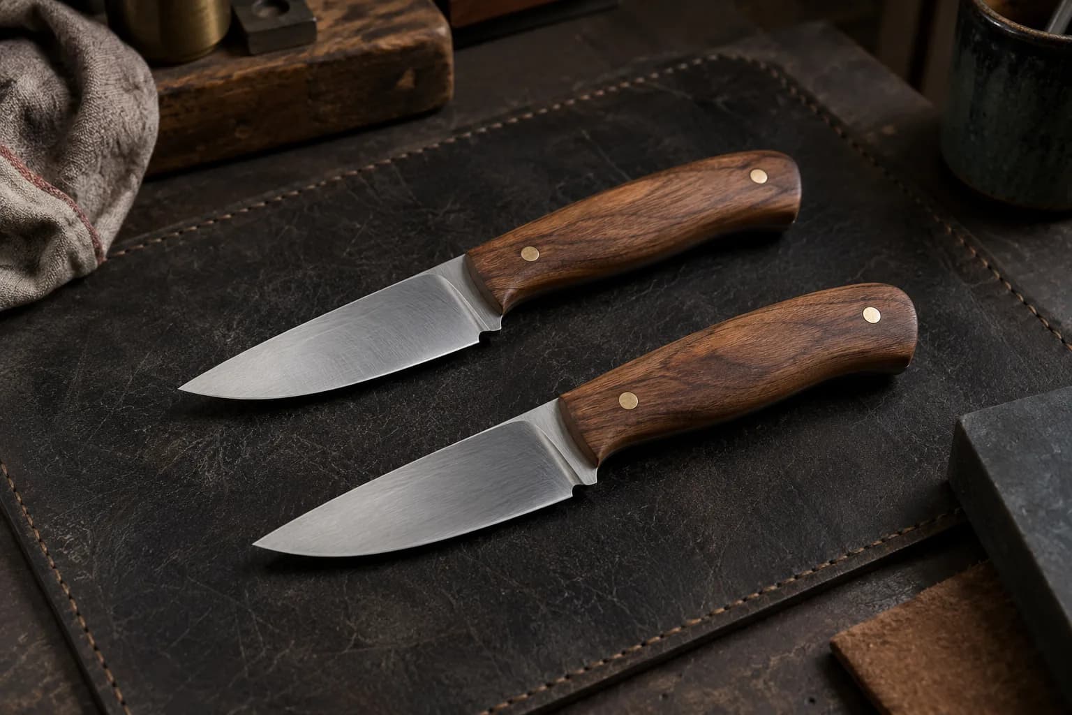 Two matching finished knives with satin bevels and walnut handles with brass pins lying on a dark leather pad.