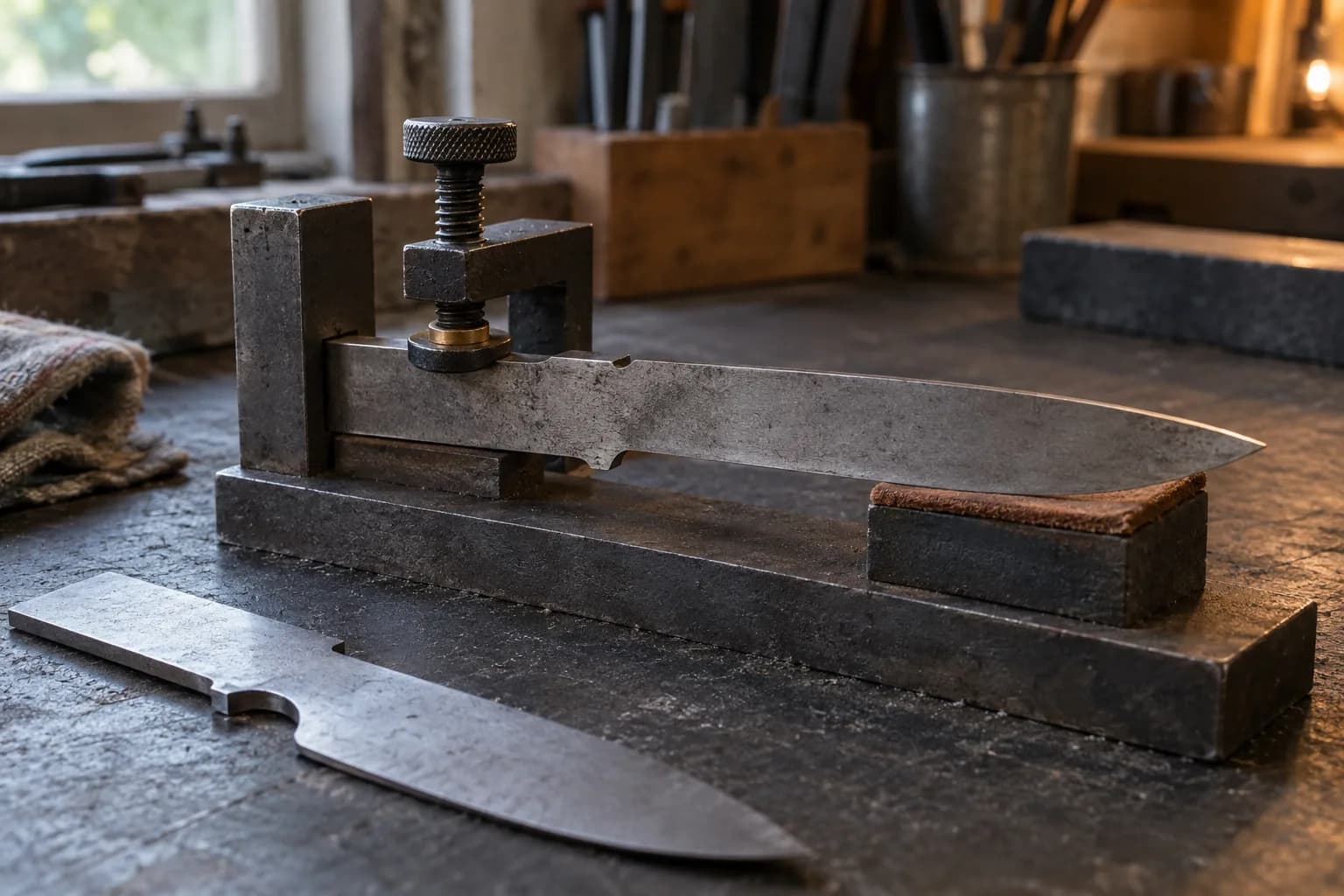 Blade blank held against a fixed steel stop by a thumbscrew clamp, tip on a padded block, second blank nearby.