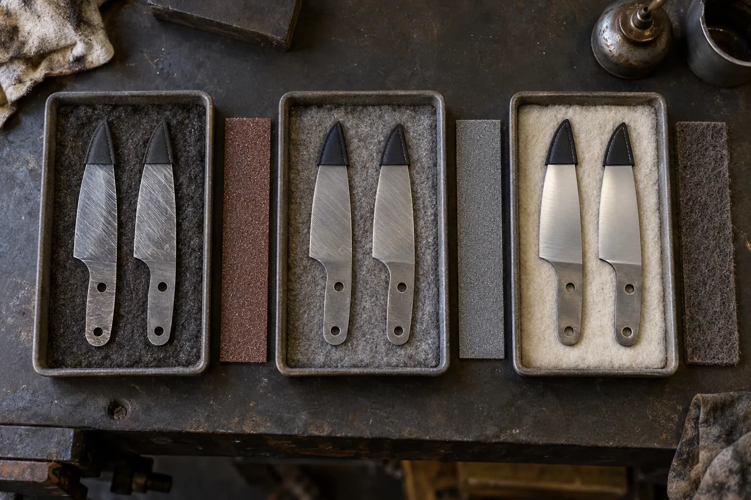 Overhead view of three trays of blade blanks, coarse, finer and satin, each beside a matching abrasive strip.