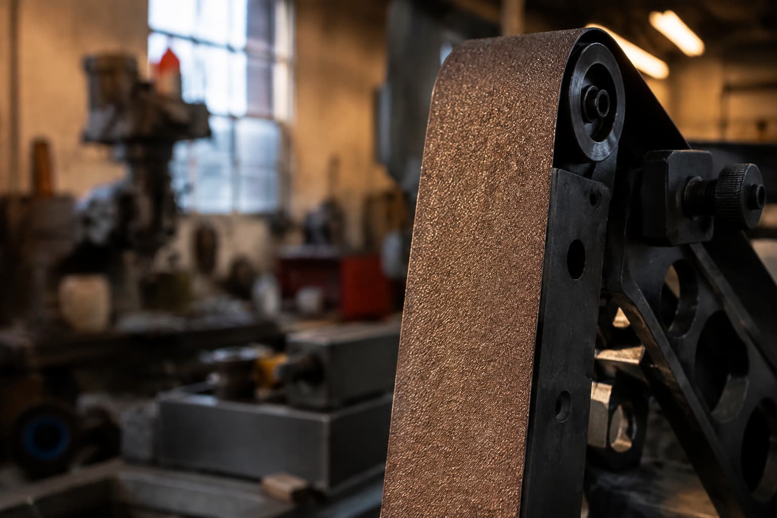 Close-up of coarse abrasive grains on a brown sanding belt wrapped around a black wheel.
