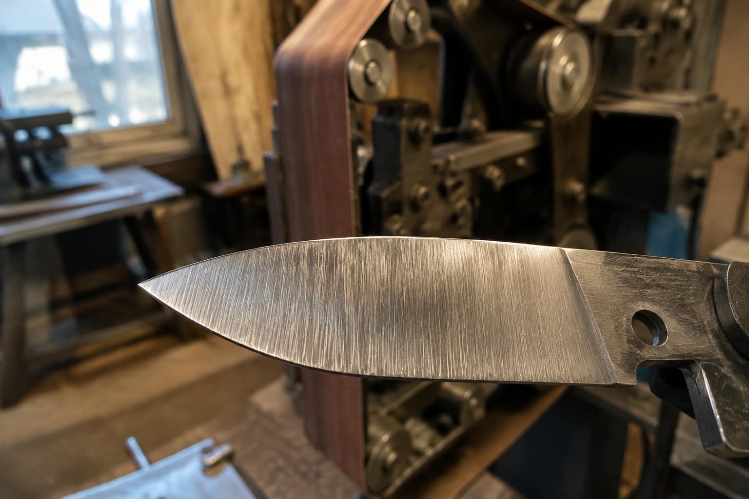Close-up of a knife blank with parallel grind lines across its bevel, belt grinder behind.