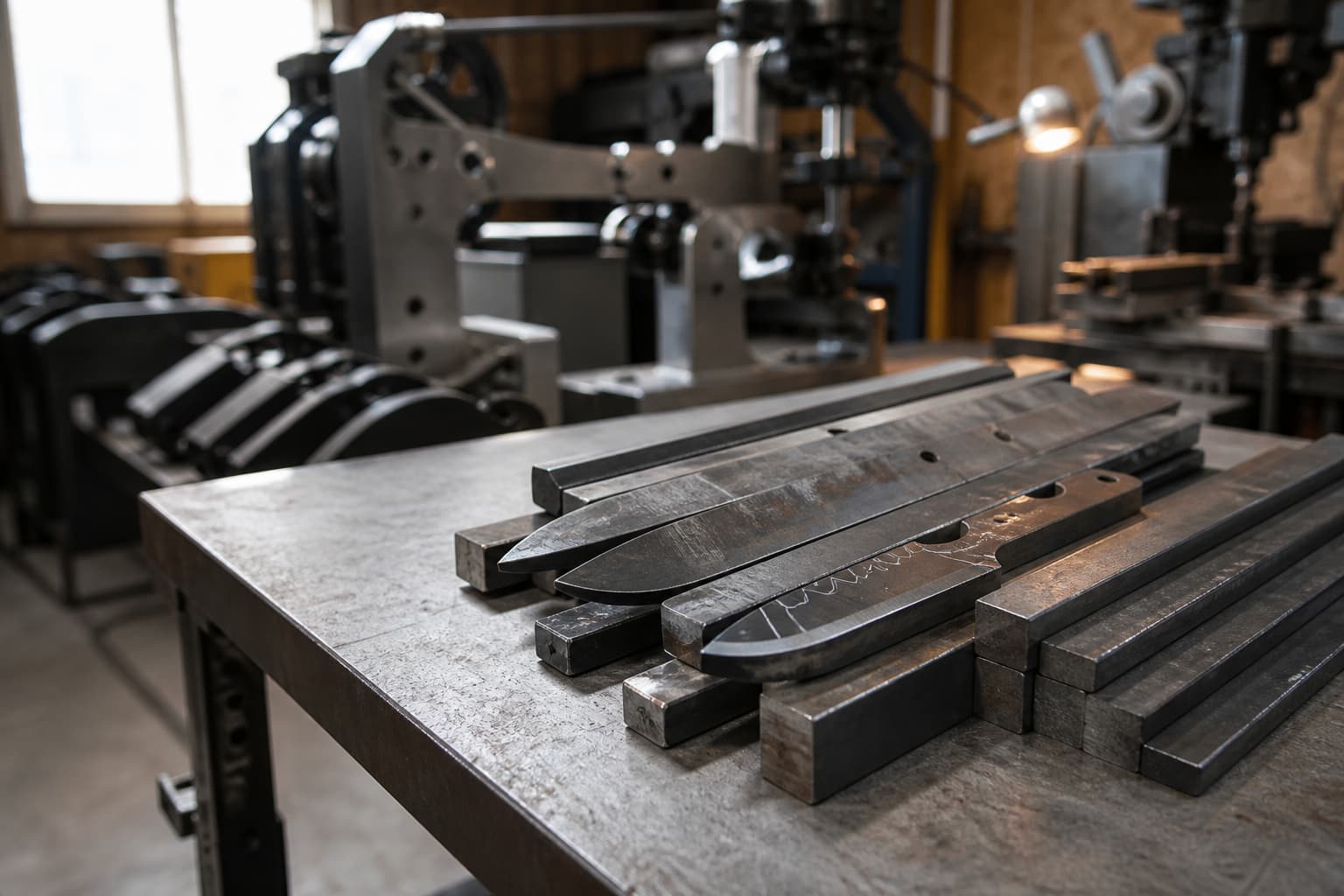 Rough knife blanks and rectangular steel bar stock arranged on a steel workbench.