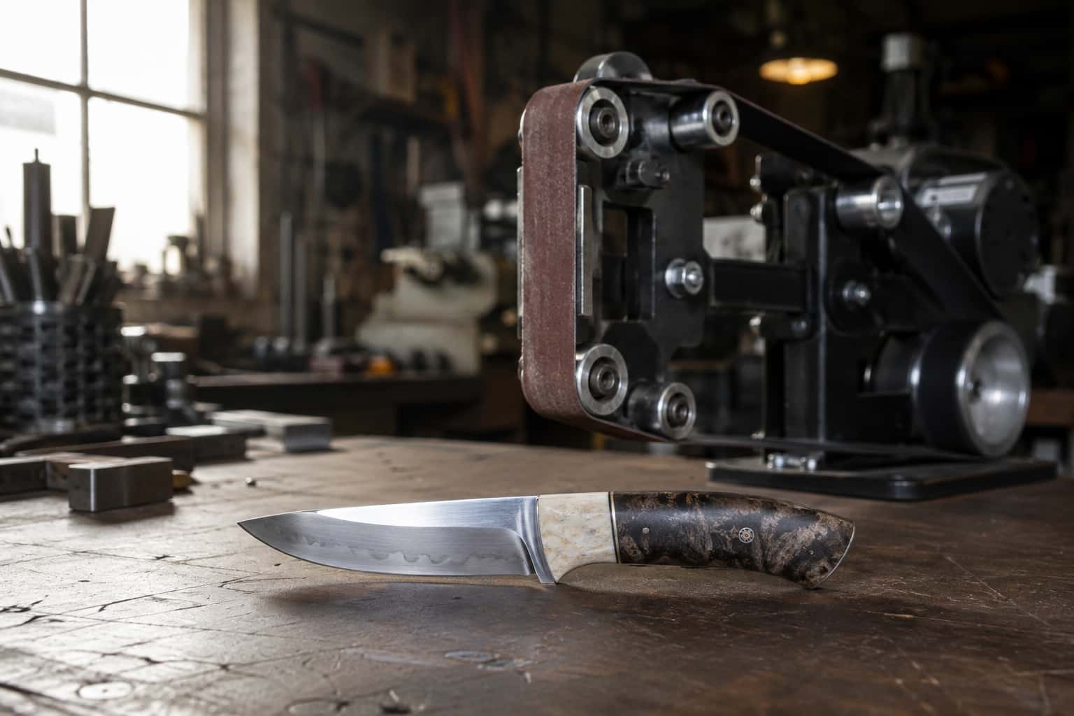 Finished knife with a pale antler section and curved burl-wood handle on a workbench.