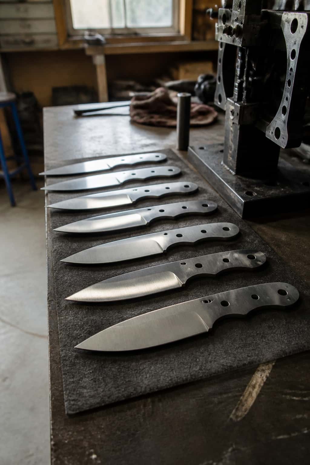Seven ground knife blanks with drilled tang holes lined up on a shop bench.