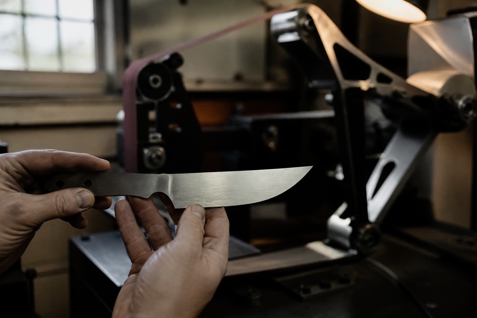 Two hands hold a satin-finished drop-point knife blank beside a belt grinder.