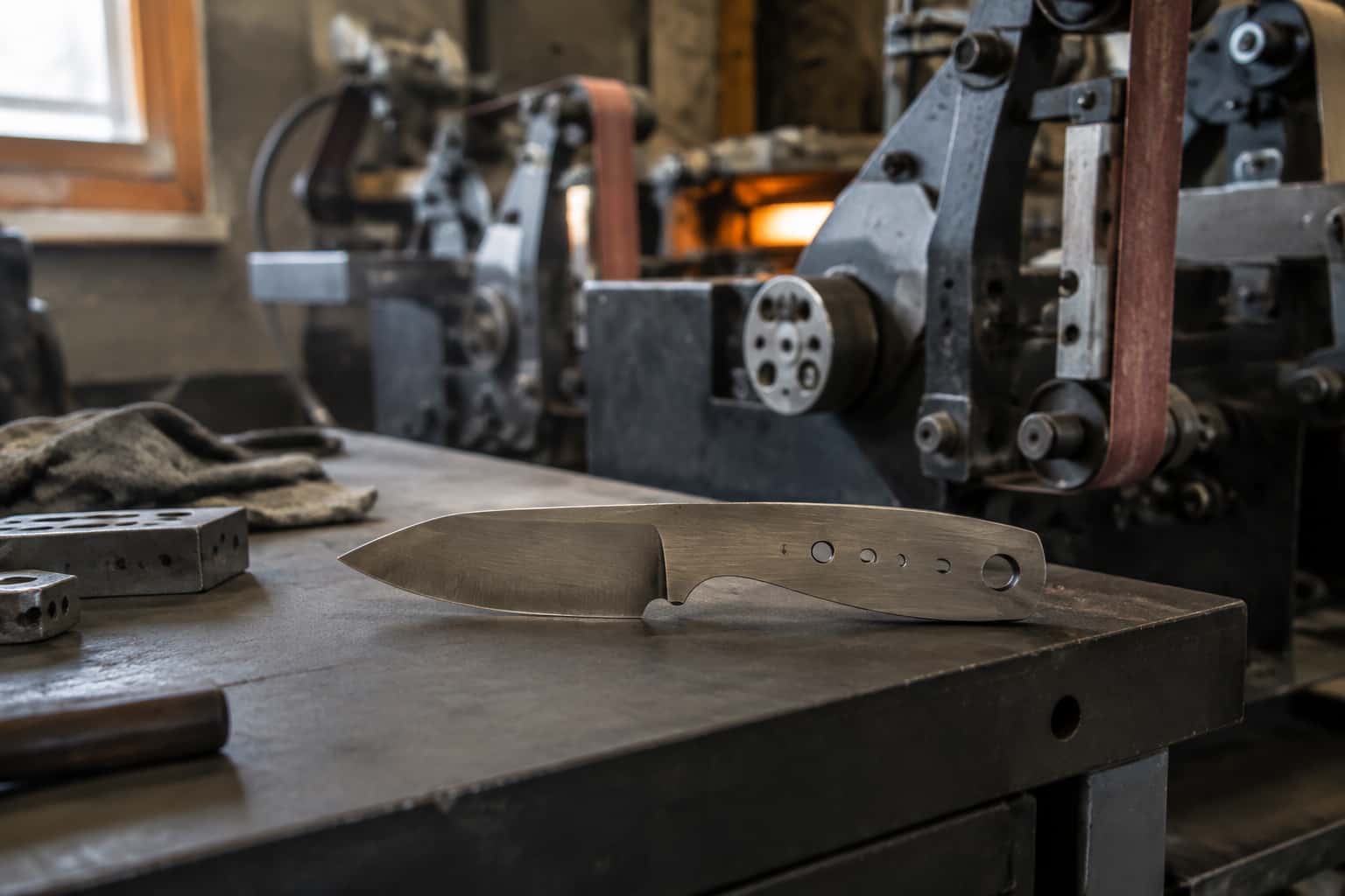 Clean knife blank with ground bevels and drilled tang holes on a steel bench.
