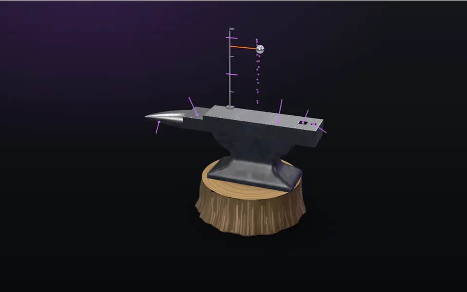 3D figure: a London-pattern anvil on a wooden stump, a ball bearing bouncing off its face beside a rebound height scale