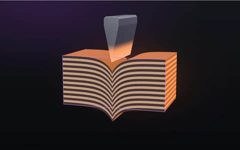3D figure: a chisel splitting a layered damascus billet down the center, dragging the layers down into a feather pattern