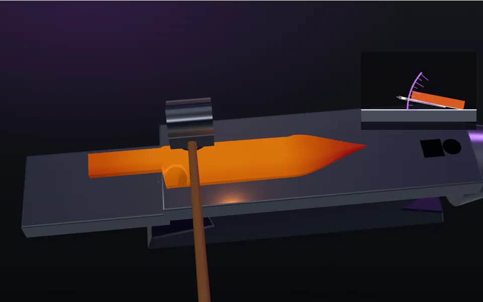3D figure: a glowing knife blank shaped with a hammer on the anvil, an inset gauge showing the blade tilted for the bevels