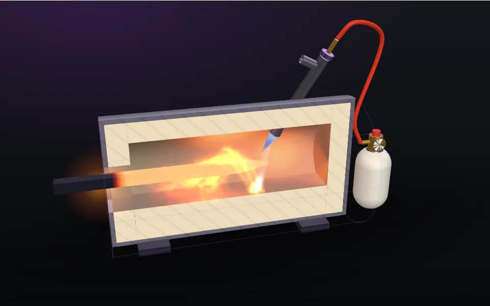 3D figure: a cut-away gas forge, the burner flame swirling around a bar of steel in the lined chamber, propane tank beside it