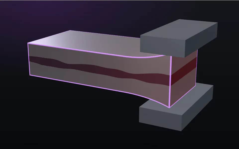 3D figure: a san mai billet, a dark hard steel core welded between two softer jackets, pressed between forging dies