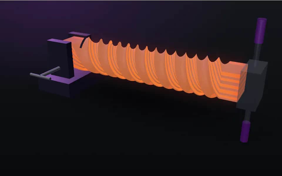 3D figure: a hot square damascus bar held in a vise and twisted with a wrench, its layers spiralling along the bar