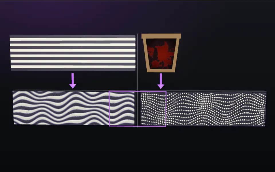3D figure: stacked steel layers welded into a wavy pattern-welded bar beside a crucible melting wootz with dotted carbides