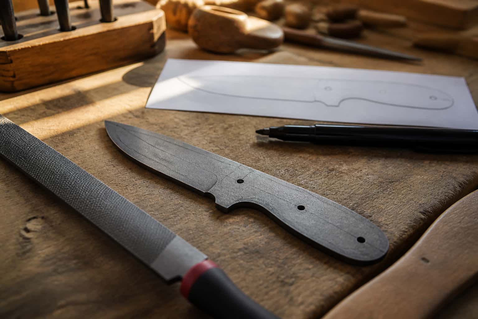 Beginner knife blank with scribed layout lines beside a file, marker, and paper template on a bench
