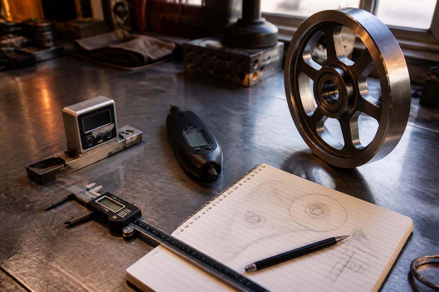Digital calipers, angle gauge, tachometer, and a metal wheel beside a sketched notepad.