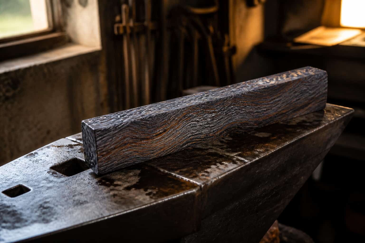 Freshly etched twist-pattern damascus billet with a vivid layered grain resting on an anvil