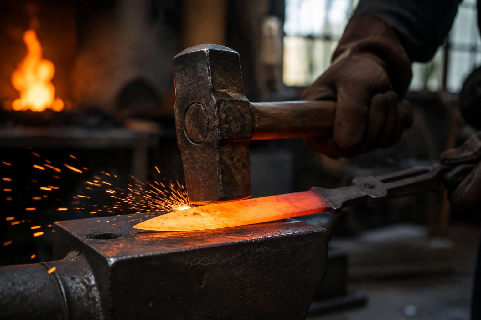 Gloved hands hammer a glowing orange knife blade on an anvil, sparks flying in a dark forge