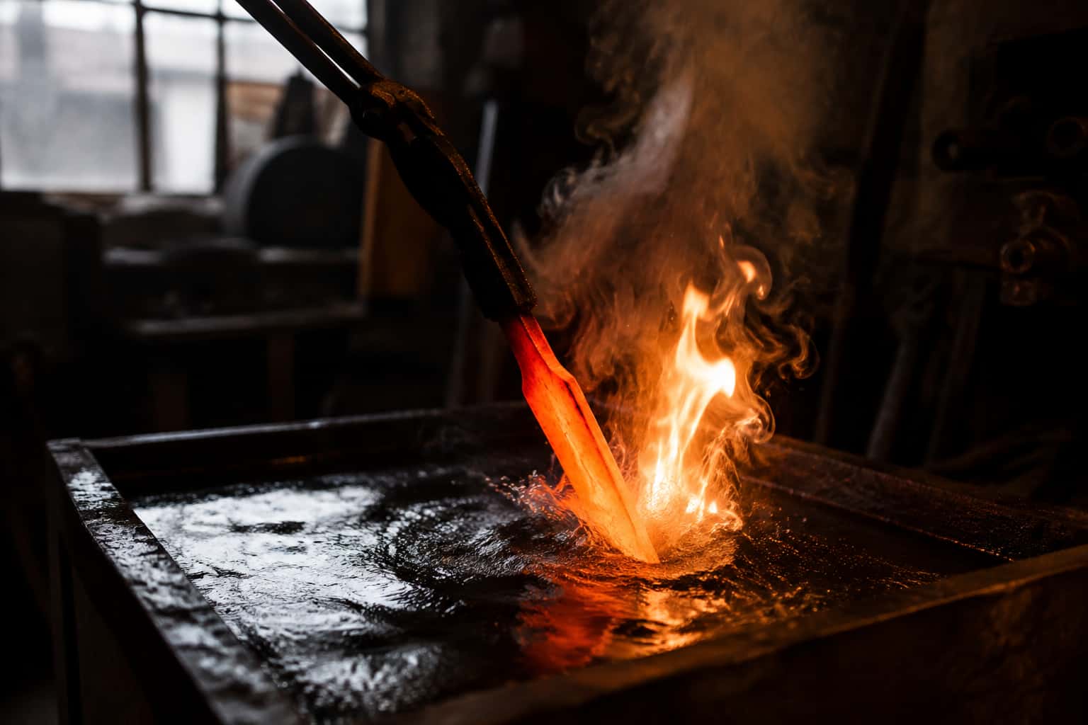 Quenching a glowing knife blade in oil during heat treat