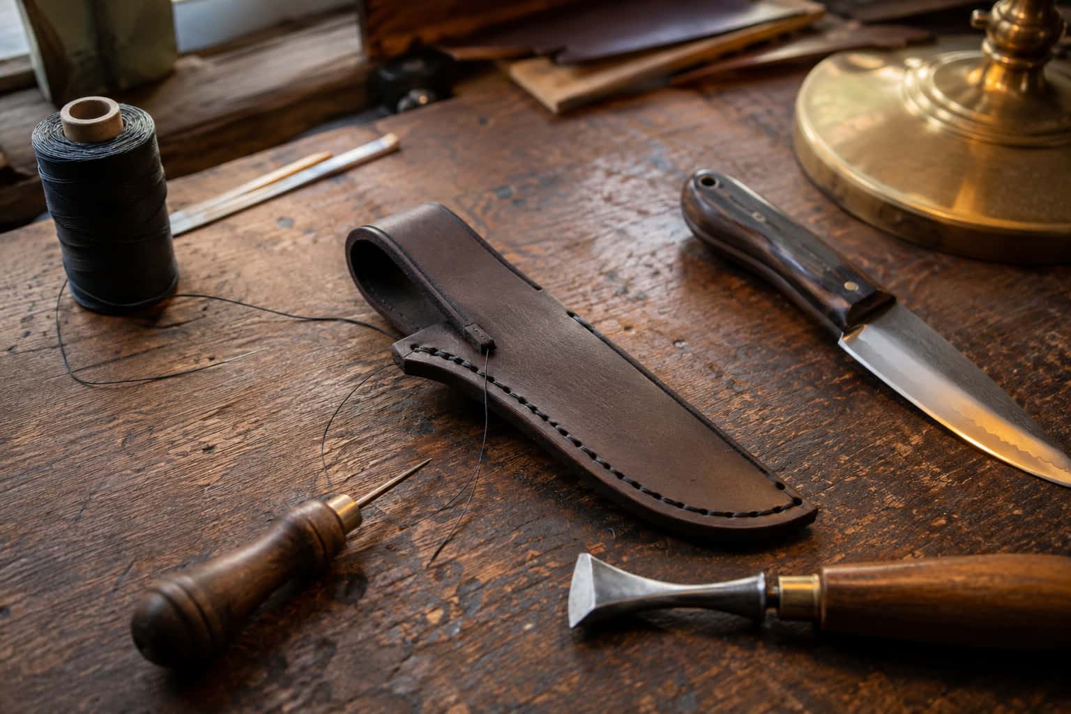 Leather sheath work in a working knife shop