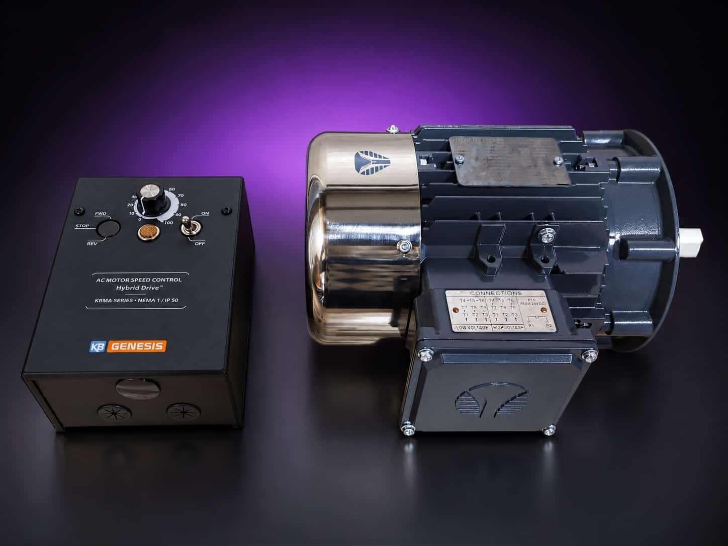 KB Genesis KBMA variable-speed drive box beside a motor with a polished fan cover, on black with a purple glow