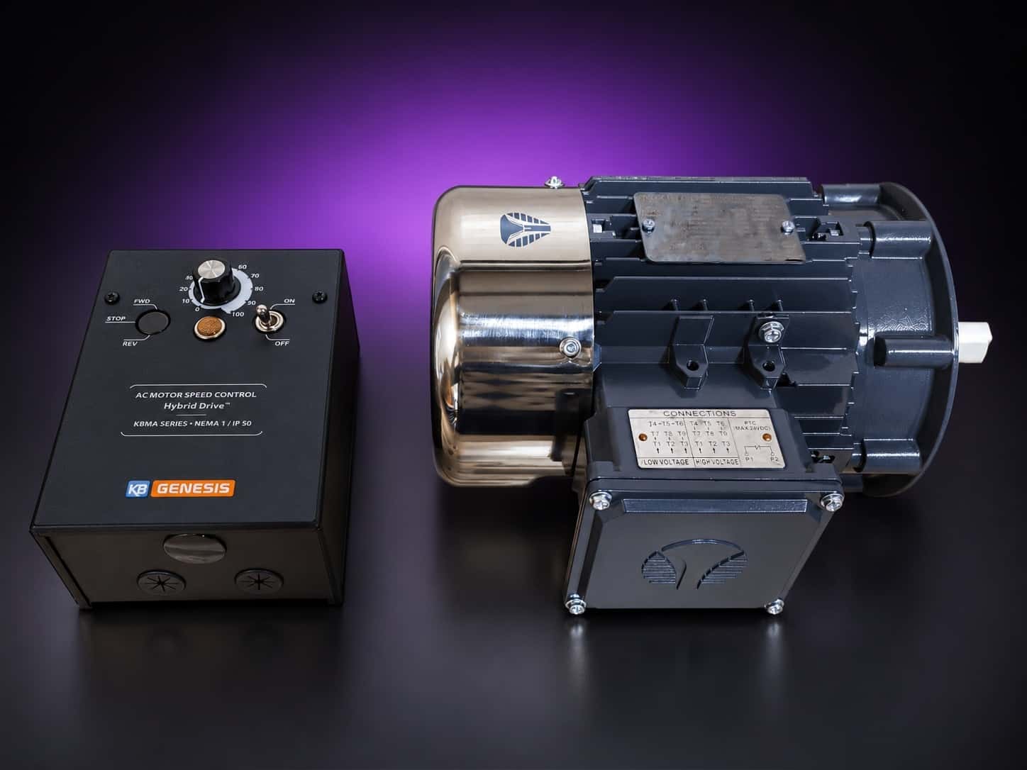 KB Genesis KBMA variable-speed drive box beside a motor with a polished fan cover, on black with a purple glow