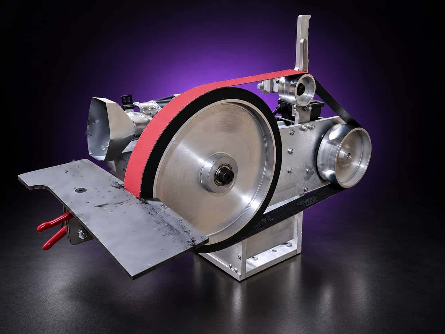Large aluminum contact wheel with black rubber rim and red belt, steel work table in front, on black with a purple glow