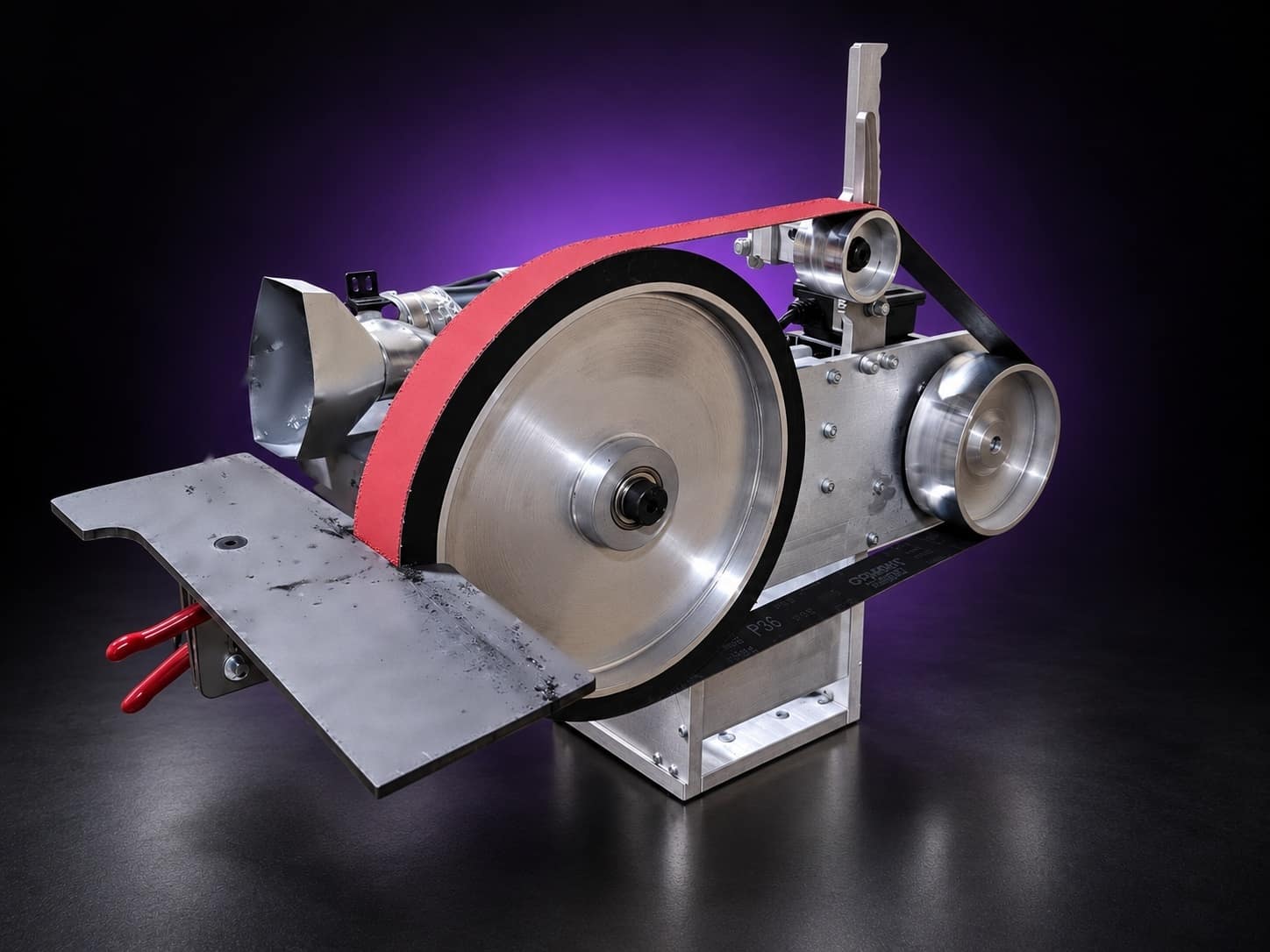 Large aluminum contact wheel with black rubber rim and red belt, steel work table in front, on black with a purple glow