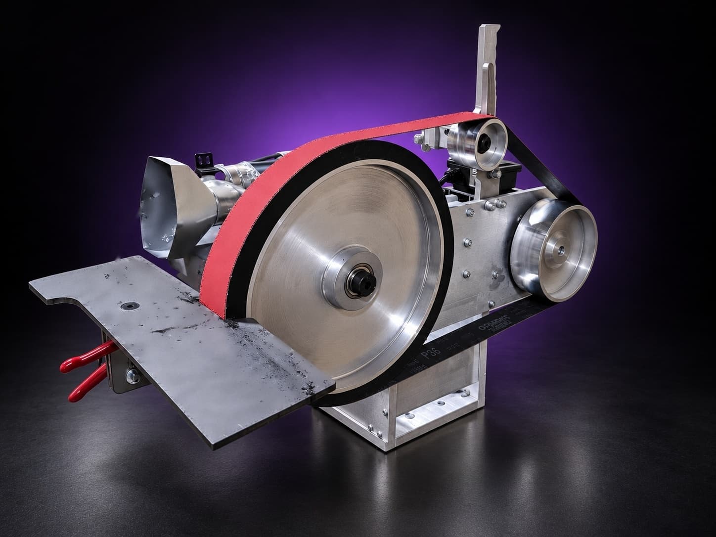 Large aluminum contact wheel with black rubber rim and red belt, steel work table in front, on black with a purple glow