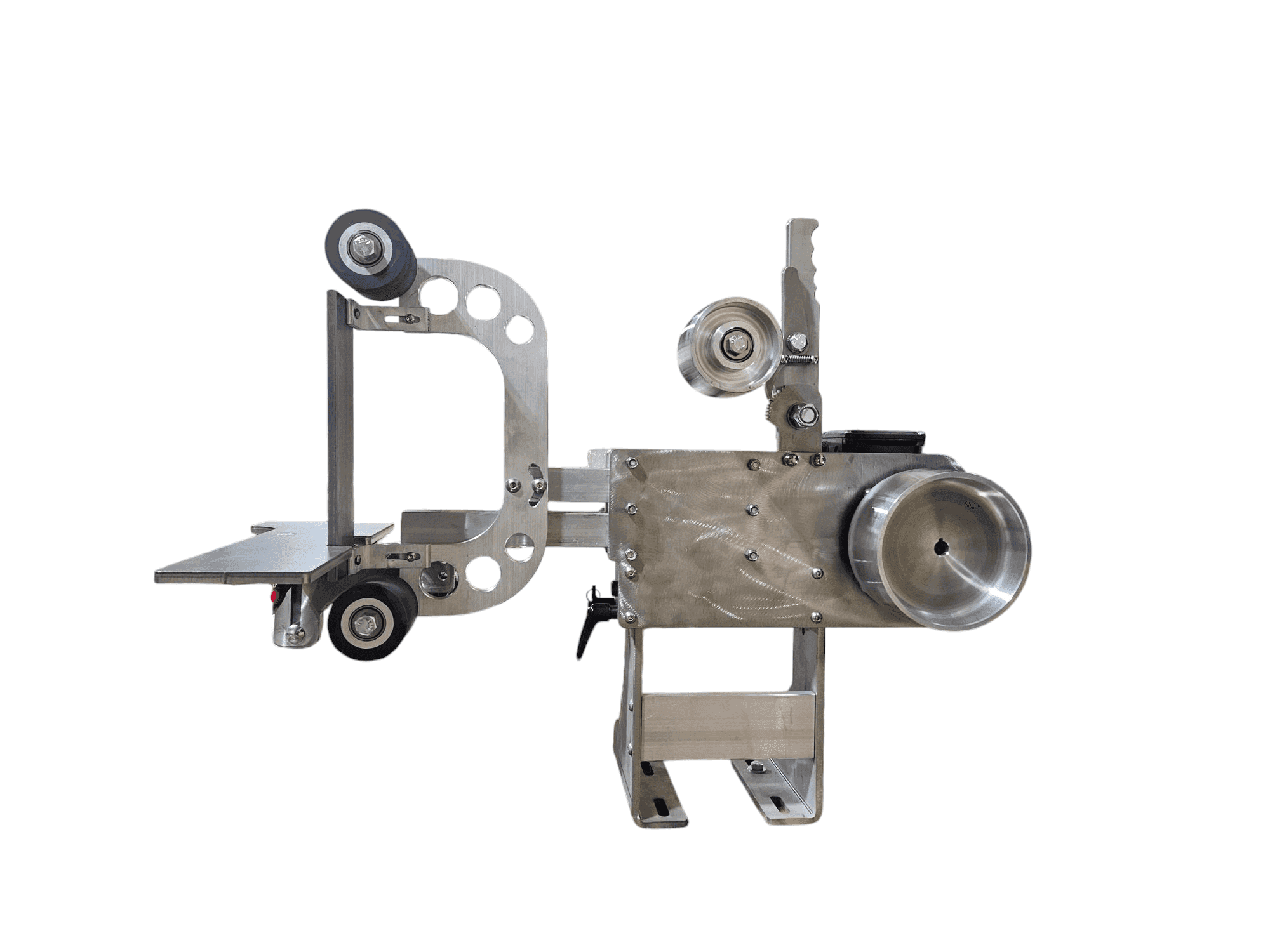 Studio product photo of a Torus CNC aluminum 2x72 belt grinder head on a white background, wheels and arm visible
